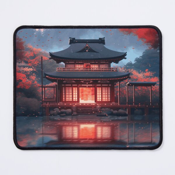 Item preview, Japanese House by a Lake with Red Maple Autumn Leaves | Koyo or Momiji designed and sold by LynZorHome.