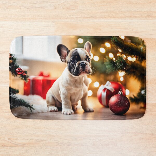 Item preview, French Bulldog Puppy Sitting by Christmas Tree with Gifts, Home Holiday designed and sold by nicecorgi.