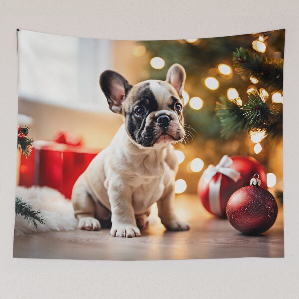 Item preview, French Bulldog Puppy Sitting by Christmas Tree with Gifts, Home Holiday designed and sold by nicecorgi.