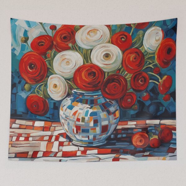 Item preview, Red and White Ranunculus Flowers in Patterned Vase Modern Still Life Painting designed and sold by Vicky Brago-Mitchell®.