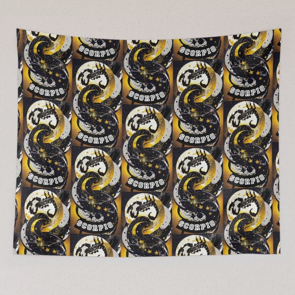 Item preview, zodiac sign of Scorpio calligraphy genre, stylized gold, black and white image with interstellar space designed and sold by Creativesphotos.