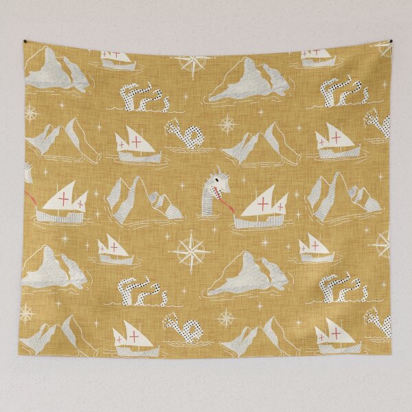 Item preview, Medieval Nautical Sea Creatures Map Yellow designed and sold by susycosta.