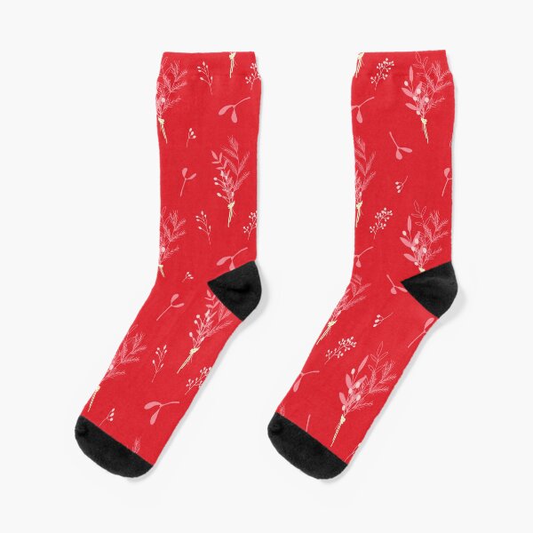 Winter foliage all over pattern on a red background Socks