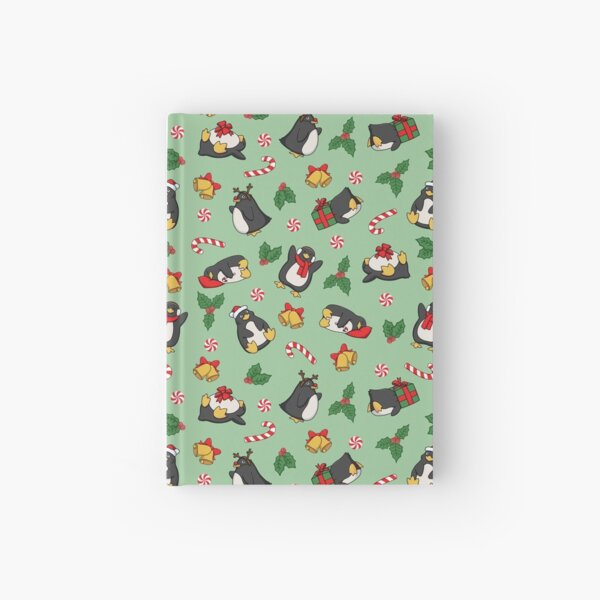 Adorable Penguin Christmas Pattern in Green Hardcover Journal