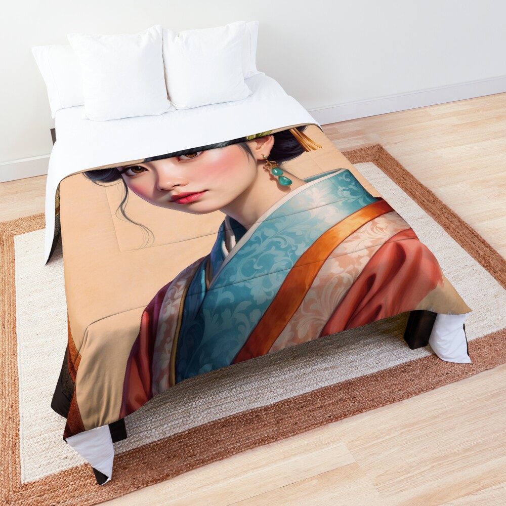 Ilustraĵo De Japana Junulino AI-Koncepto-Kreado de Xzendor7 - Alloga Tradicia Portreto 3 Illustration Of A Japanese Young Lady Gorgeous AI Concept Art Portrait by Xzendor7 Decorative Comforter Art Print