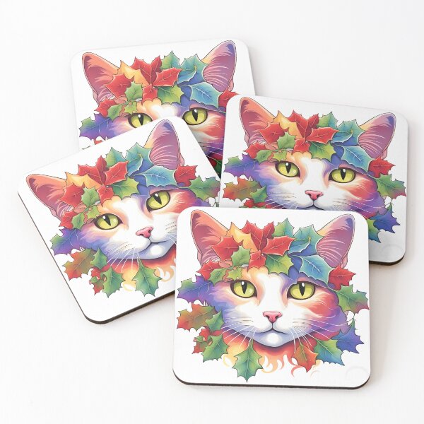 Item preview, Festive Cat with Rainbow Painted Holly Leaves designed and sold by Shelley Loewnau-Jones Studio.