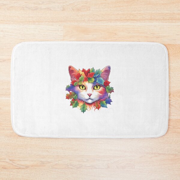 Item preview, Festive Cat with Rainbow Painted Holly Leaves designed and sold by Shelley Loewnau-Jones Studio.