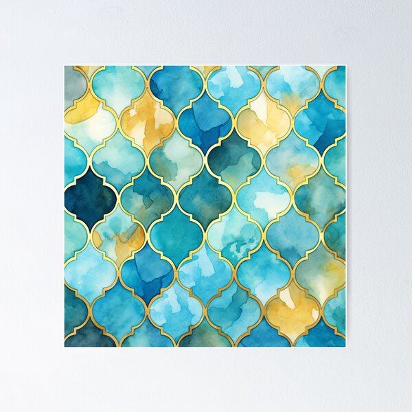 Item preview, Blue Yellow, Aqua & Gold Decorative Morrocan Trendy Glitter Print designed and sold by GrinGalore.