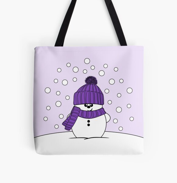 Krimbles Cheeky Snowman with Purple Hat and Scarf All Over Print Tote Bag