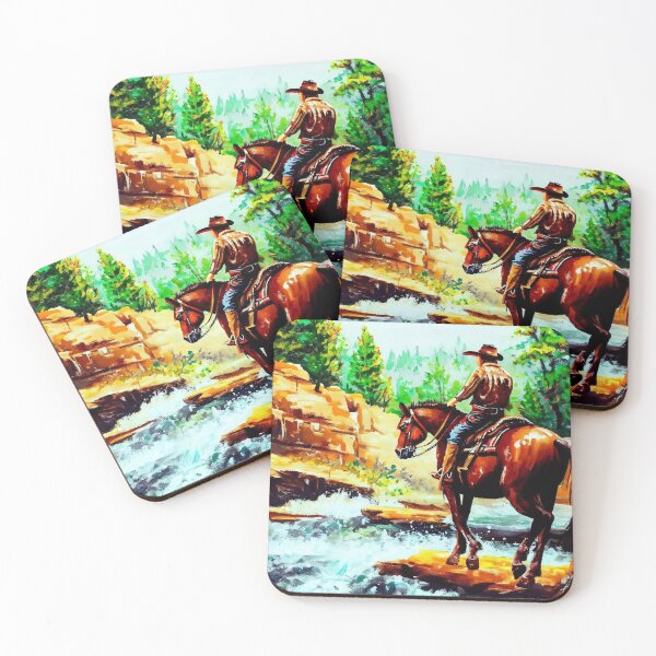 Aperçu de l'œuvre Cowboy à cheval à travers la rivière | Art occidental créée et vendue par siammagicalart.