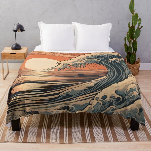 Japanese art style great wave sunset  Throw Blanket