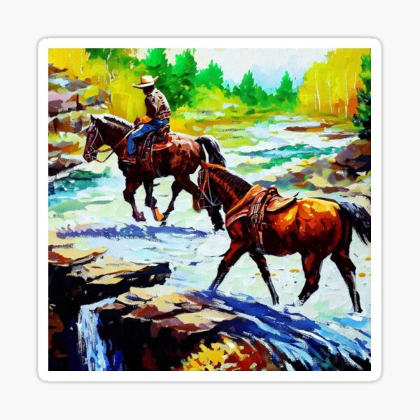 Cowboy riding horse across the river | Western Art Sticker