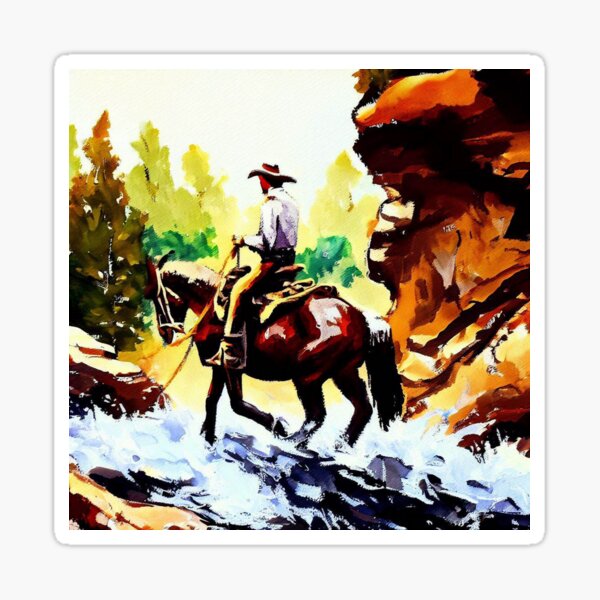 Cowboy riding horse across the river | Western Art Sticker