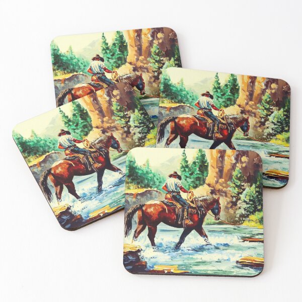 Aperçu de l'œuvre Cowboy à cheval à travers la rivière | Art occidental créée et vendue par siammagicalart.