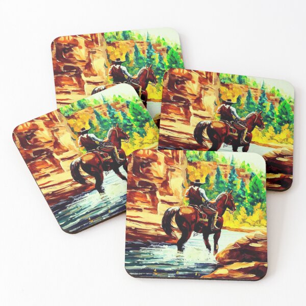 Aperçu de l'œuvre Cowboy à cheval à travers la rivière | Art occidental créée et vendue par siammagicalart.