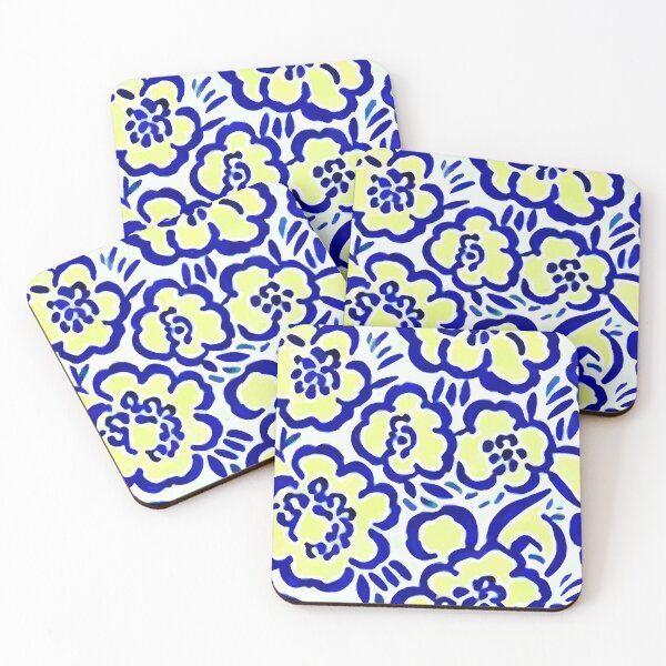 Item preview, Blue and yellow retro florals designed and sold by SophieClimaArt.
