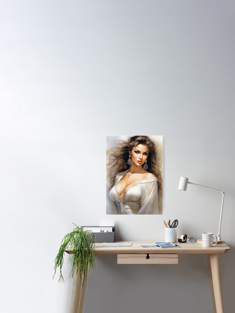 BEAUTIFUL WOMAN IN WHITE LOW CUT GOWN POSING FOR A PICTURE WITH HAIR DOWN  AND EARRINGS, YOUNG BUSTY GIRL, BIG LIPS,BIG NATURAL BREASTS, OIL ON  CANVAS, MASTERPIECE LUIS ROYO STYLE OLPNTNG STYLE