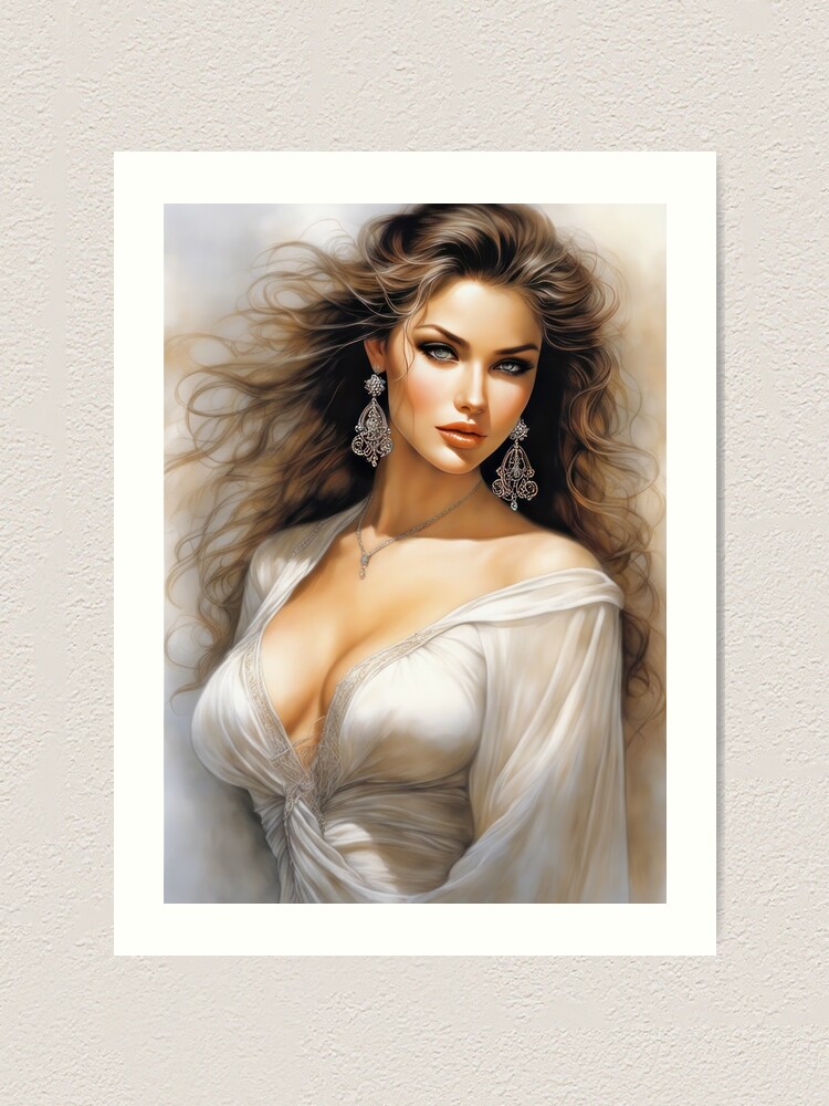 BEAUTIFUL WOMAN IN WHITE LOW CUT GOWN POSING FOR A PICTURE WITH HAIR DOWN  AND EARRINGS, YOUNG BUSTY GIRL, BIG LIPS,BIG NATURAL BREASTS, OIL ON  CANVAS, MASTERPIECE LUIS ROYO STYLE OLPNTNG STYLE
