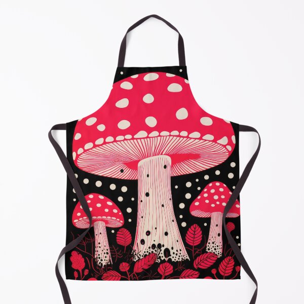 Item preview, Dotted Red Mushrooms on Black Background Modern Cottagecore Print designed and sold by GulDesignCo.