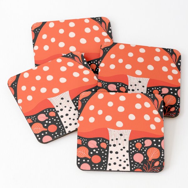Item preview, Dotted Red Mushroom on Black Background Modern Cottagecore Art Print designed and sold by GulDesignCo.