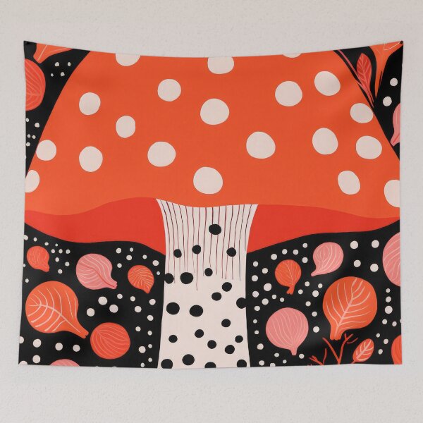 Item preview, Dotted Red Mushroom on Black Background Modern Cottagecore Art Print designed and sold by GulDesignCo.