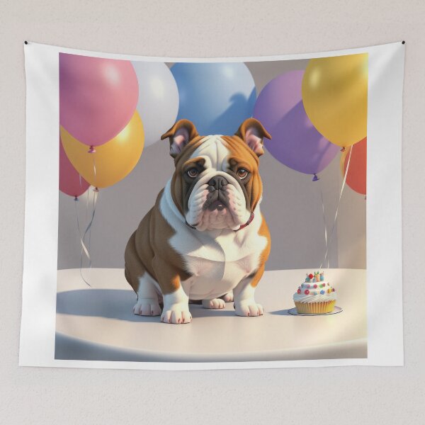 Item preview, Funny Fat bulldog with sad face in a birthday party with ballons designed and sold by Tio-Tecun.