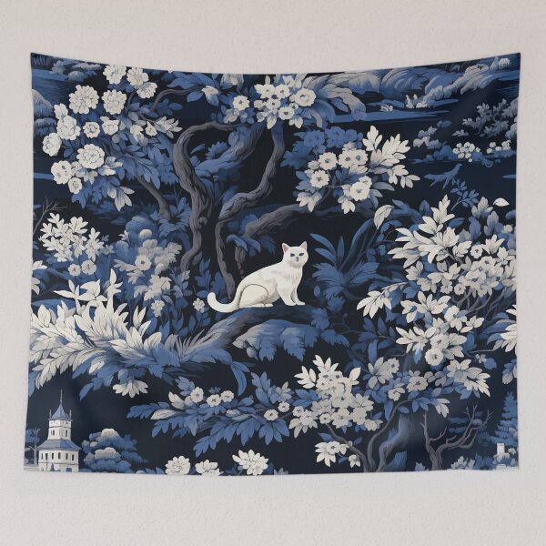 Item preview, Blue Toile De Jouy Cat in a Tree Print designed and sold by Deepestblue.