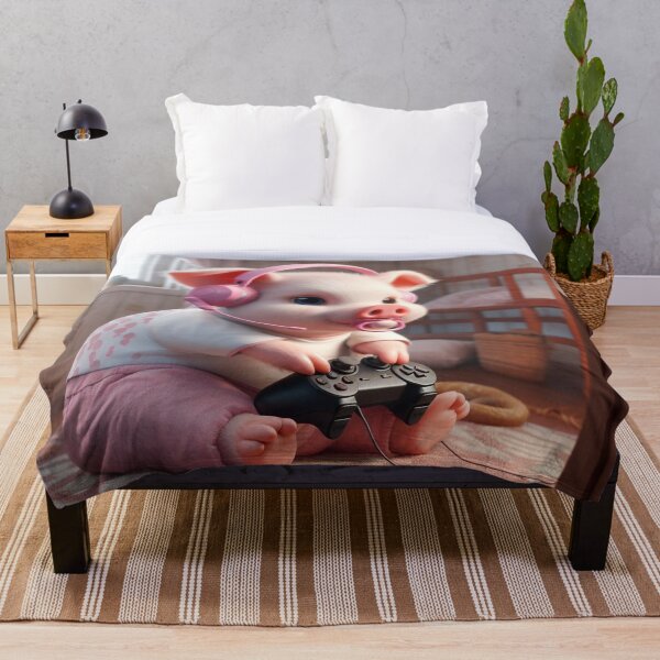 Artikelvorschau, Süßes fotorealistisches rosa Schweinchen zum Spielen mit Headset und Schnuller im Maul entworfen und verkauft von notbrylee.