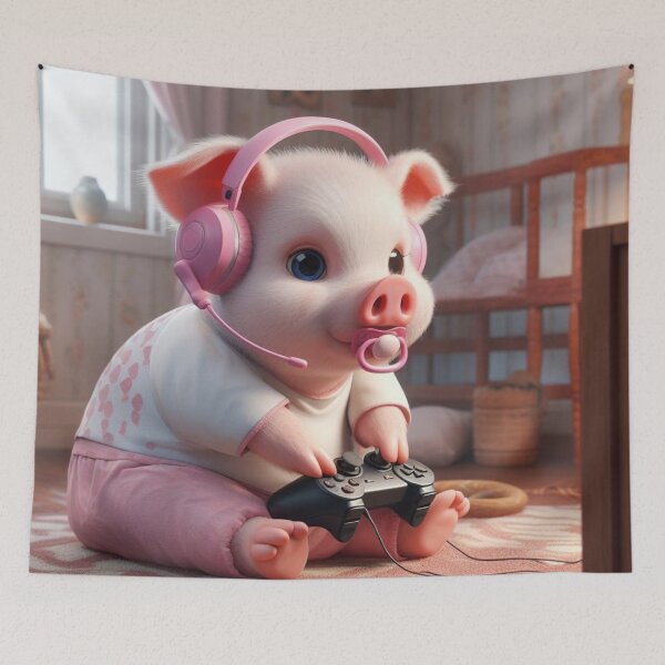 Item preview, cute photorealistic pink piggy gaming with headset on with pacifer in its mouth binkypig  designed and sold by notbrylee.