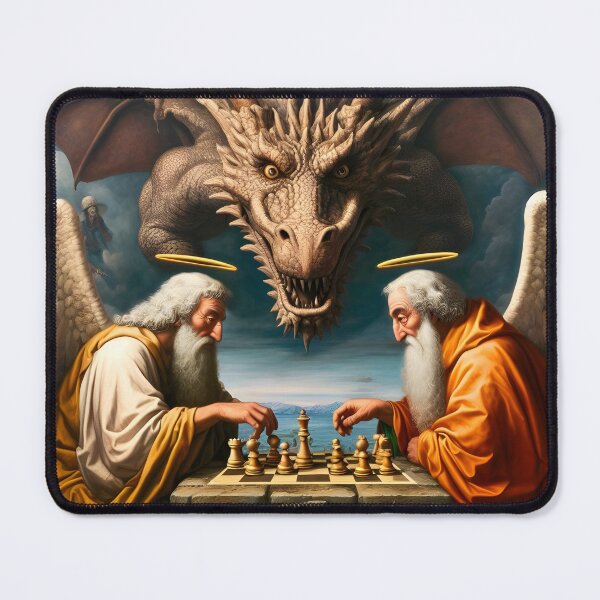 Item preview, saints playing chess in the presence of a dragon designed and sold by KavodDesigns.