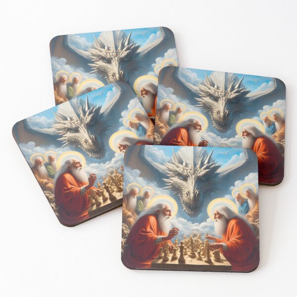 Item preview, Saints playing chess, looked over by a dragon designed and sold by KavodDesigns.