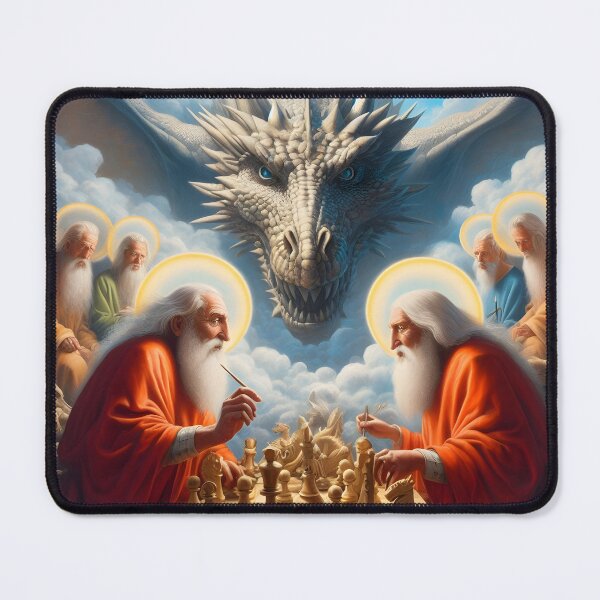 Item preview, Saints playing chess, looked over by a dragon designed and sold by KavodDesigns.