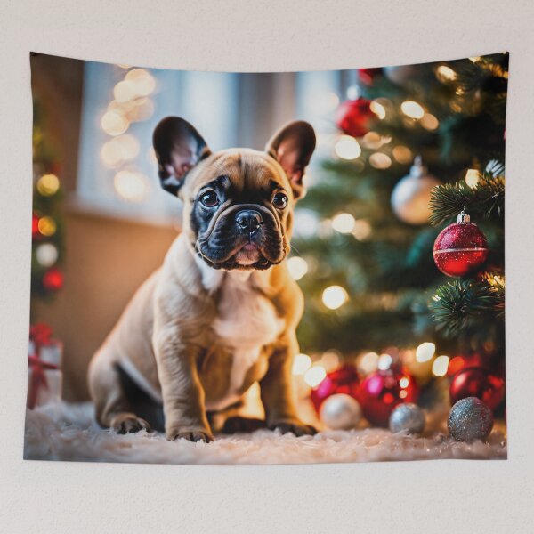 Item preview, French Bulldog Puppy Portrait in Christmas Holiday Scene designed and sold by nicecorgi.