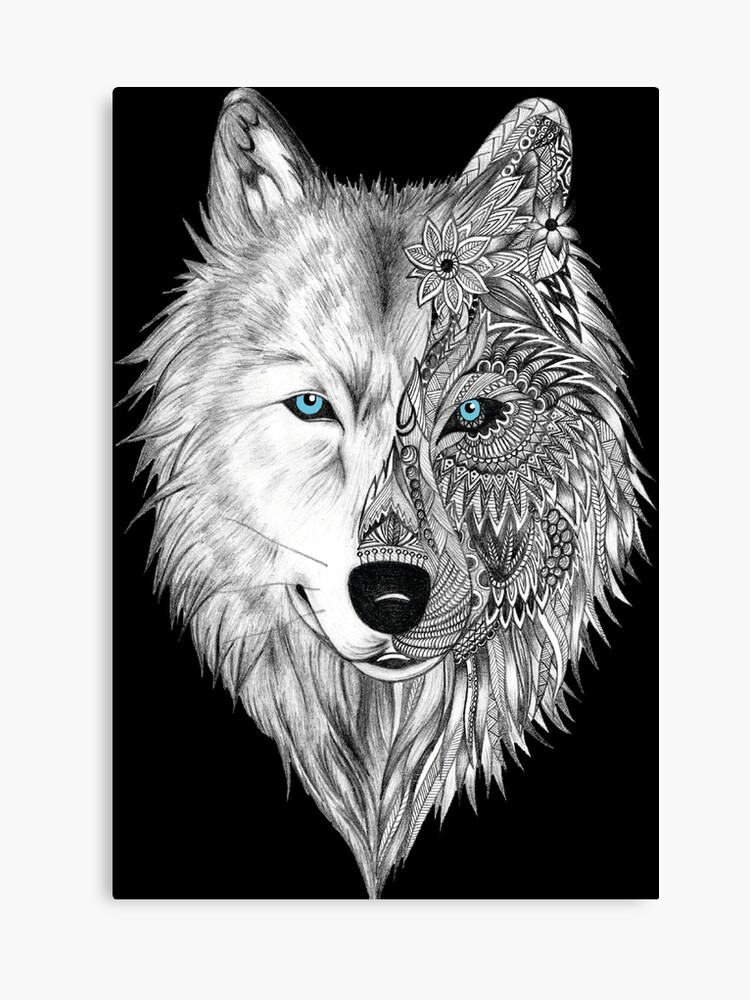 The White Wolf Mandala Black Canvas Print
