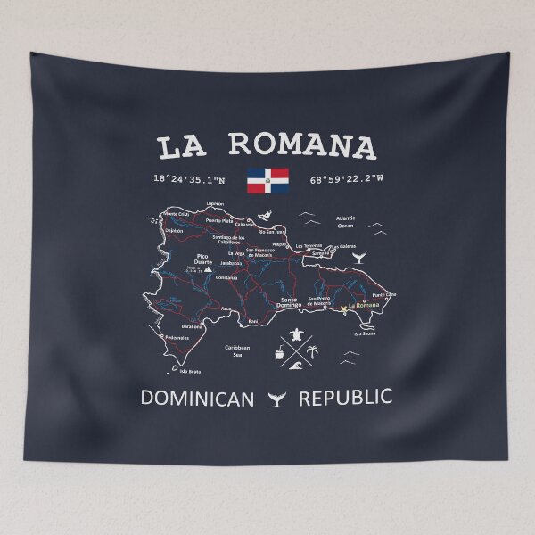 Item preview, La Romana Dominican Republic Flag Travel Map Coordinates Roads Rivers and Oceans White designed and sold by frenchsalsa.