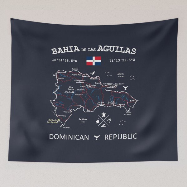 Item preview, Bahía de las Águilas Dominican Republic Flag Travel Map Coordinates Roads Rivers and Oceans White designed and sold by frenchsalsa.
