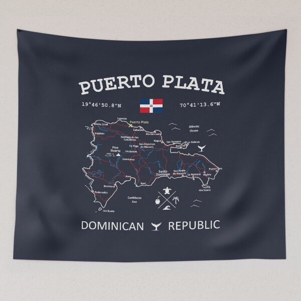 Item preview, Puerto Plata Dominican Republic Flag Travel Map Coordinates Roads Rivers and Oceans White designed and sold by frenchsalsa.