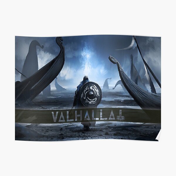 Valhalla Odin Thor Hammer, shield, blue lightning thunder storm and viking boats with trinity triquetra triangles HD High Quality Online Store Poster