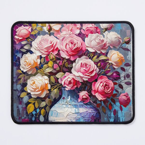 Item preview, Artistic illustration of pink roses in a blue vase still life designed and sold by ArtyBuys.