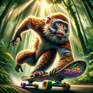 Artwork thumbnail, Monkey riding skateboard in the forest by Mugs and Shirts