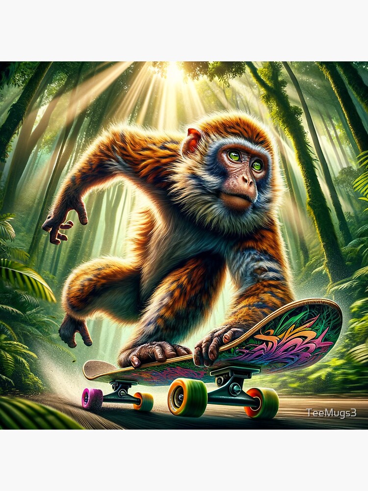 Thumbnail 3 of 3, Sticker, Monkey riding skateboard in the forest designed and sold by TeeMugs3.