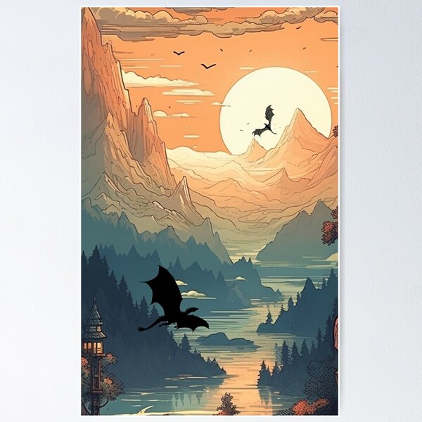 Item preview, Two dragons in flight over a mountain river designed and sold by DiceWay.