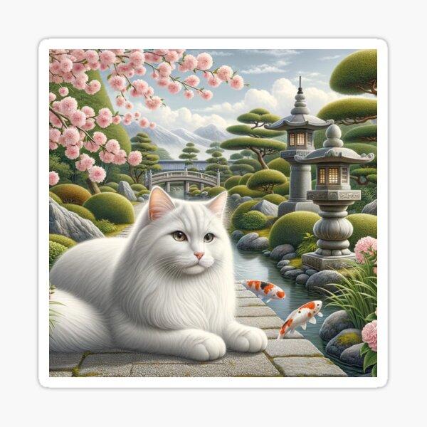 Item preview, White cat standing in a Japanese garden designed and sold by ShironekoStudio.