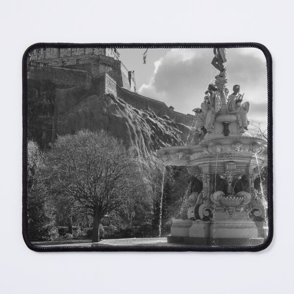 Item preview, Moody Ross Fountain and Edinburgh Castle in black and white designed and sold by cdkphotos.