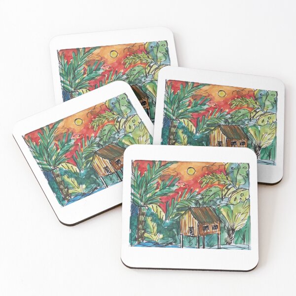 Item preview, tropical illustration of a jungle house at sunset designed and sold by colorfulglee.