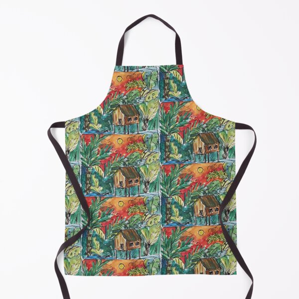 Item preview, tropical illustration of a jungle house at sunset designed and sold by colorfulglee.