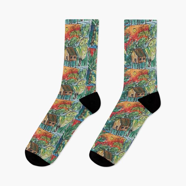 Item preview, tropical illustration of a jungle house at sunset designed and sold by colorfulglee.