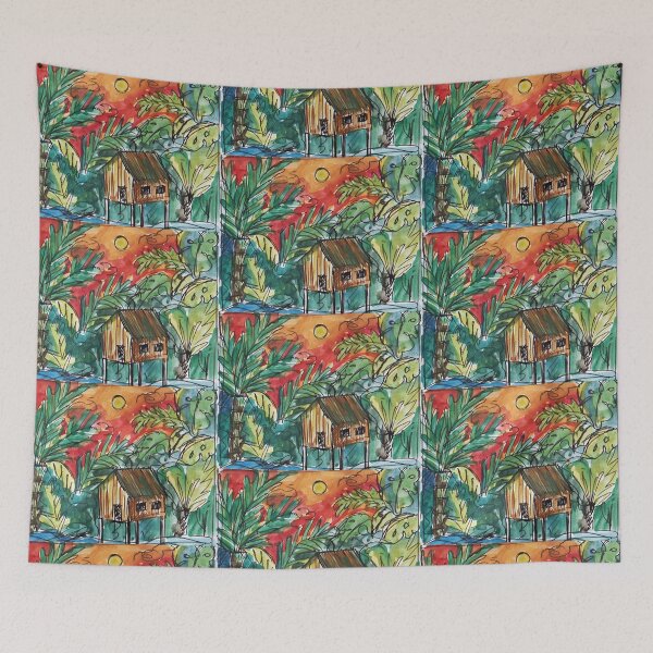 Item preview, tropical illustration of a jungle house at sunset designed and sold by colorfulglee.