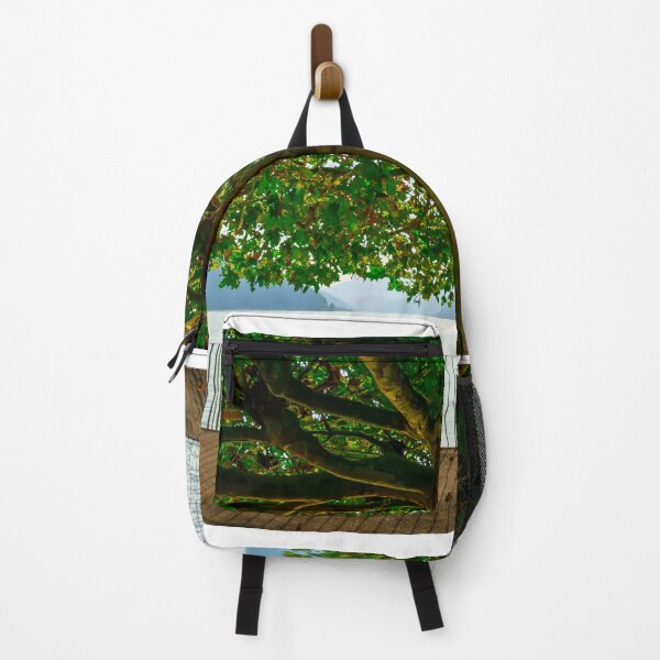 Item preview, Tree with Branch on the Waterfront with Railing to Lake Lugano with Mountain in a Sunny Summer Day designed and sold by Mats Silvan.