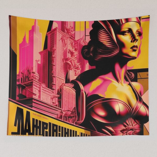 Artikelvorschau, Metropole City Futuristisch Gesicht Cinema Kino Lichtspiele Film pink schwarz gold gelb entworfen und verkauft von G-M-Designs.
